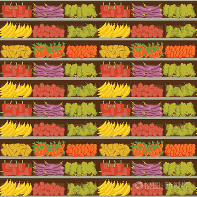 水果和蔬菜貨架和新鮮健康的食物,在超市,選擇大的有機產品的銷售在食品商店內部,商店矢量圖